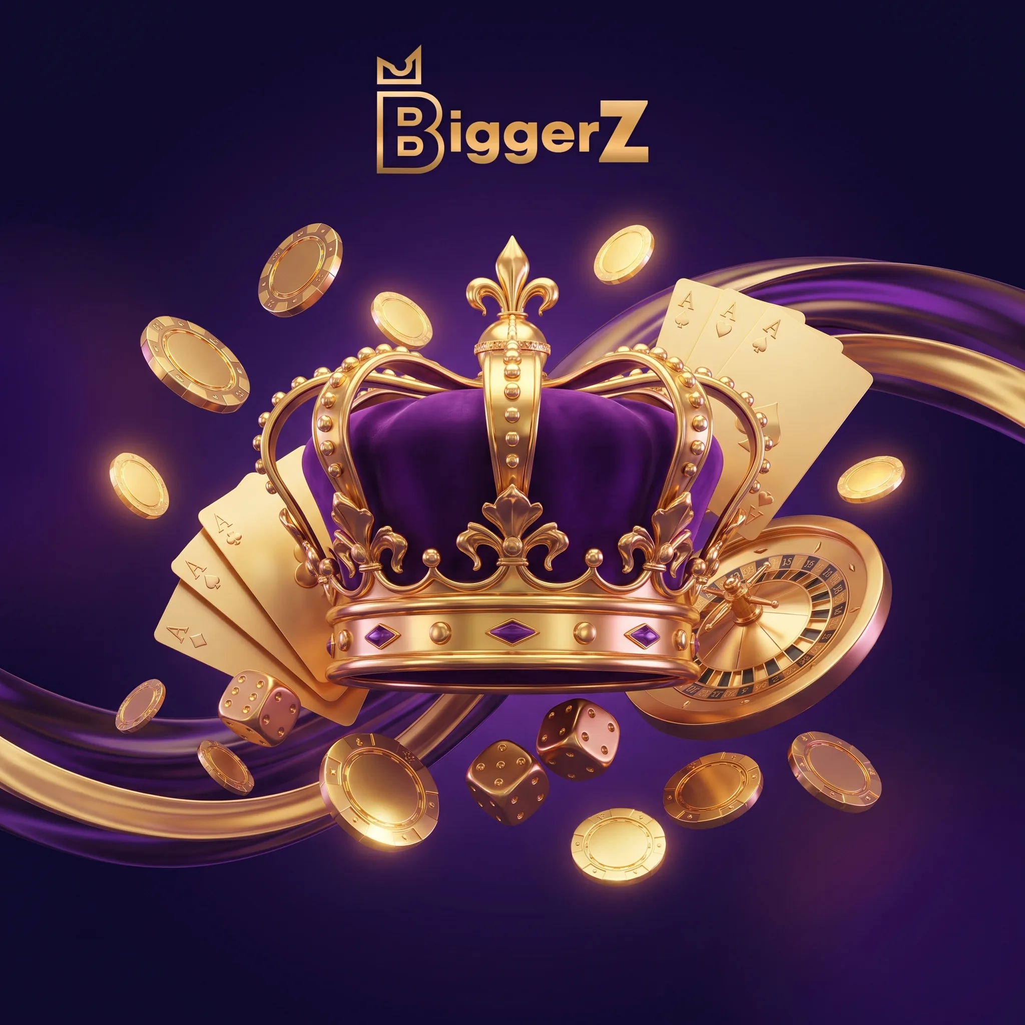 Golden crown, playing cards and coins on a purple background